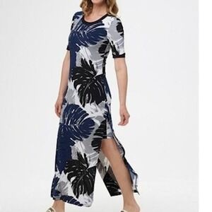 G.I.L.I. Jetsetter Maxi Dress Short Sleeve Side Slit Palm Leaf‎ Print Summer M